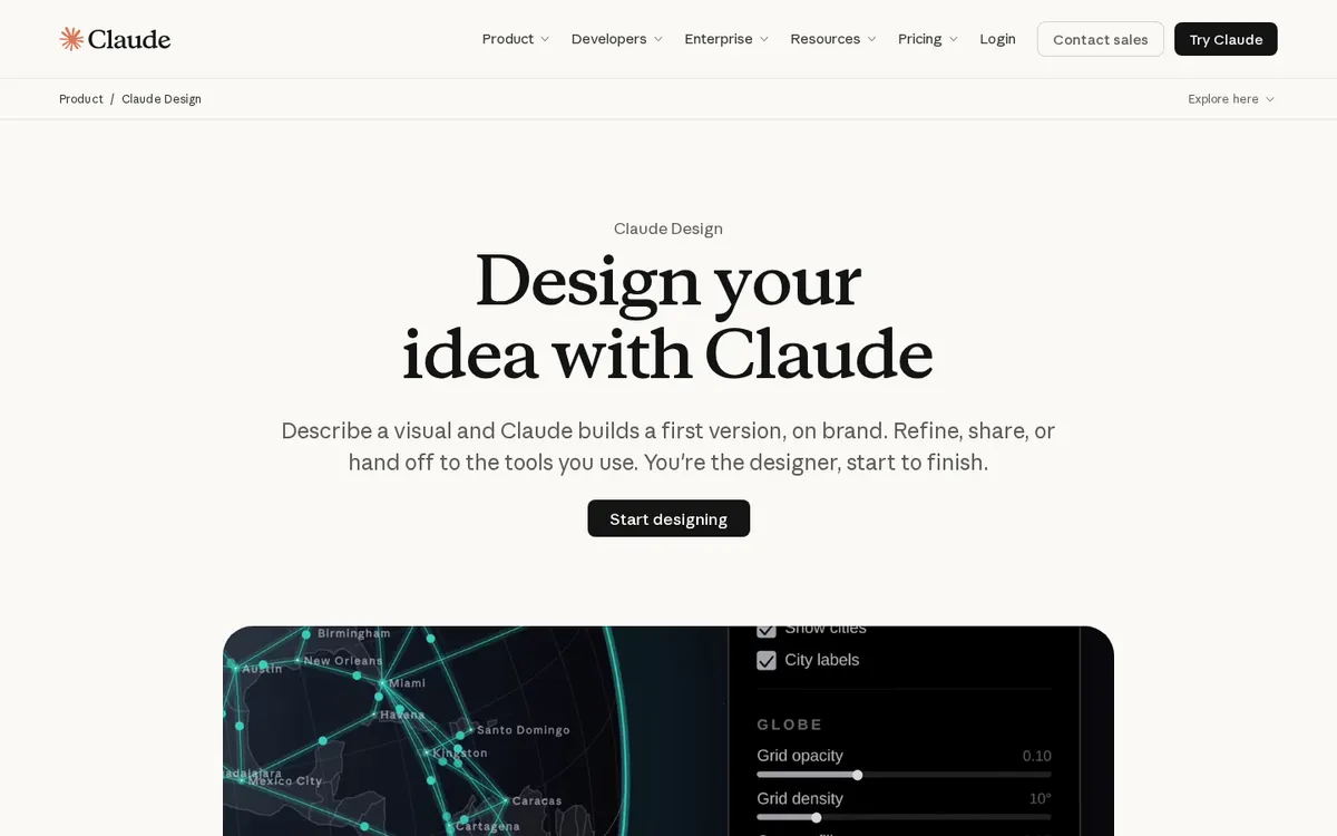 Claude Design product page screenshot