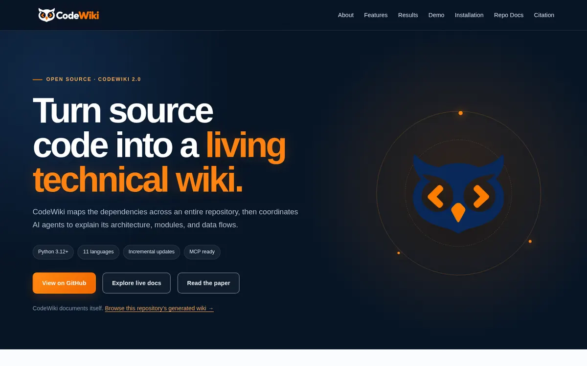 CodeWiki product page screenshot