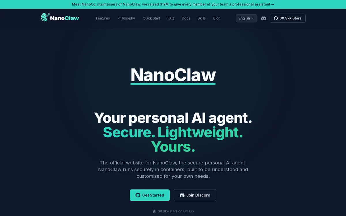 NanoClaw product page screenshot 1