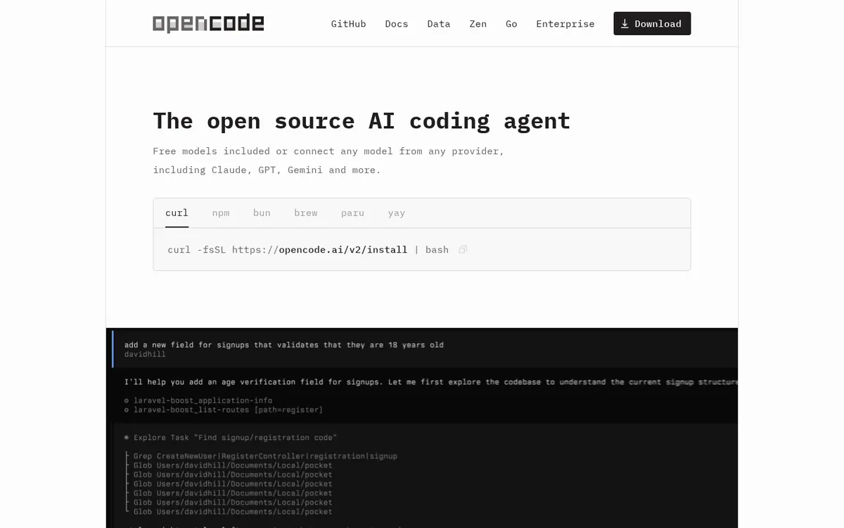 OpenCode product page screenshot