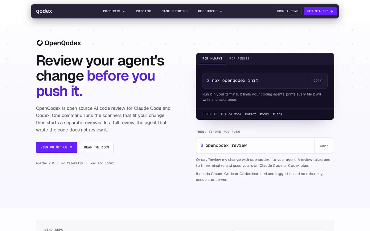 OpenQodex product page screenshot