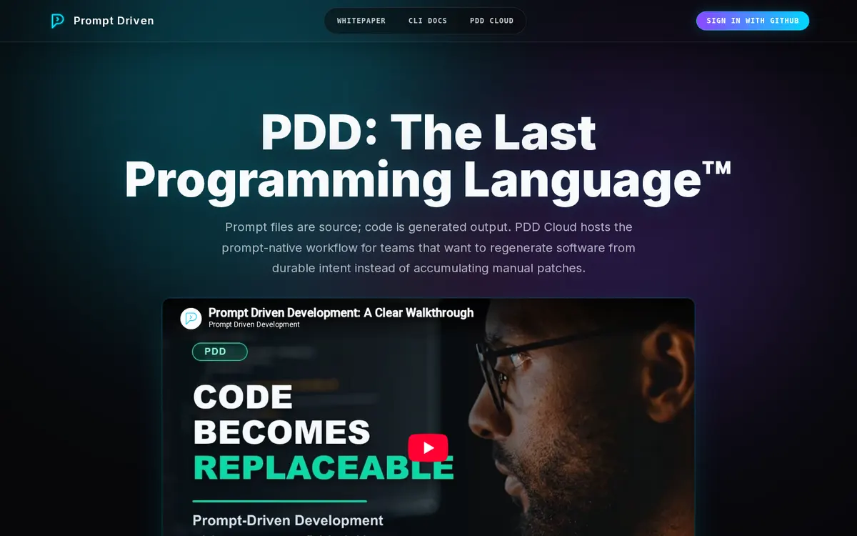 PDD (Prompt Driven Development) product page screenshot