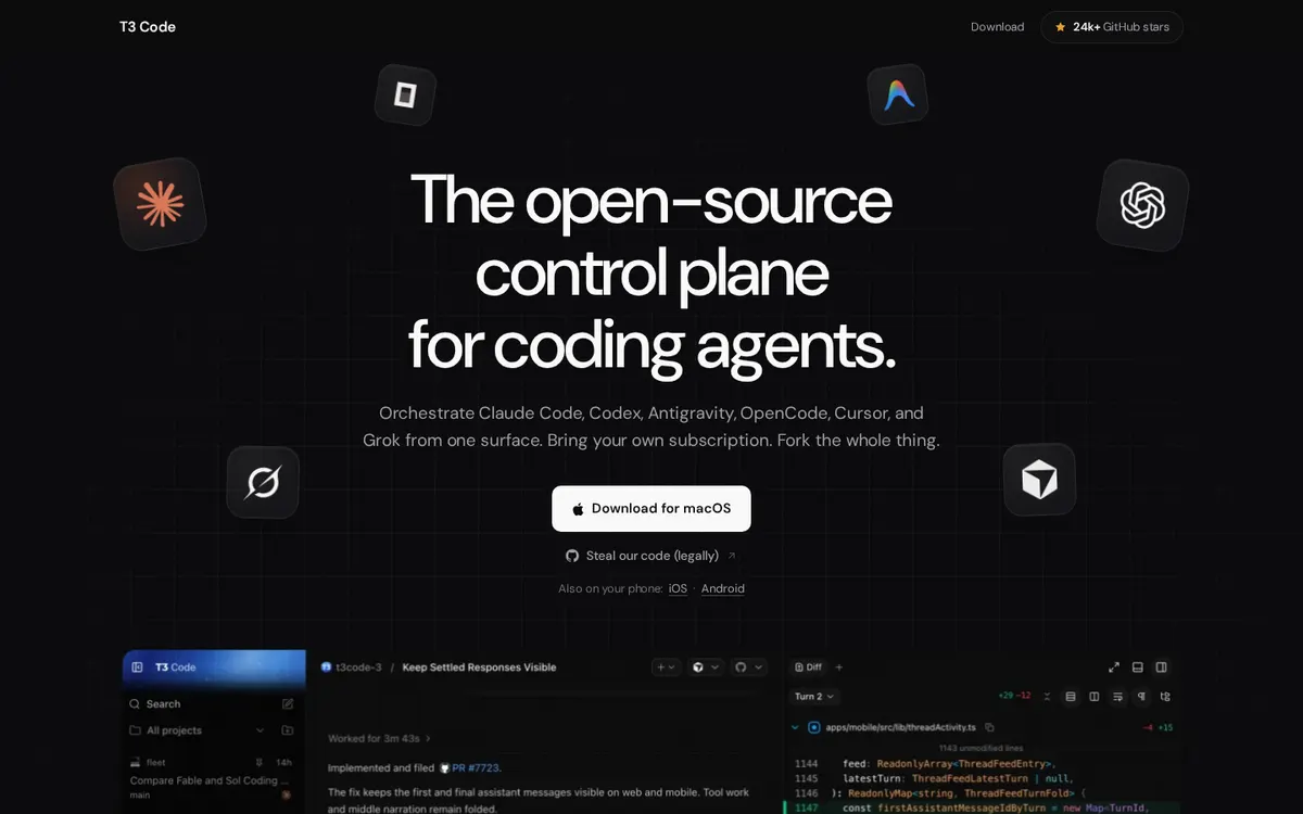 T3 Code product page screenshot