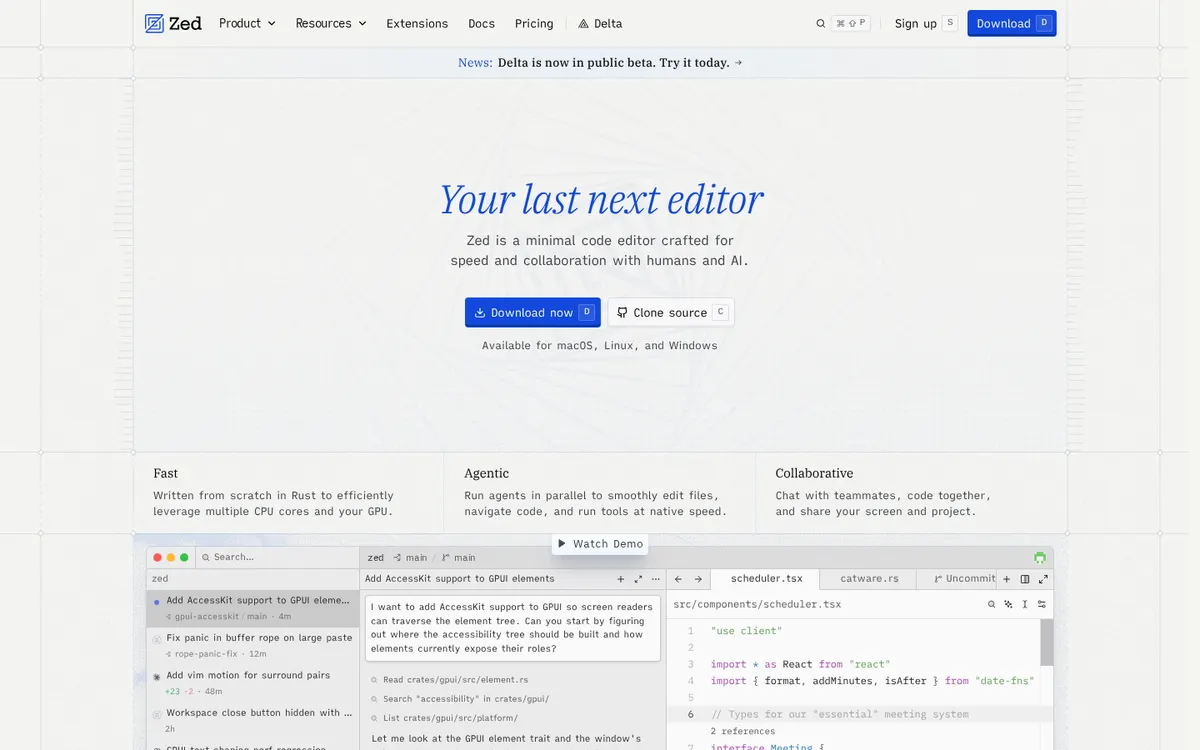 Zed product page screenshot